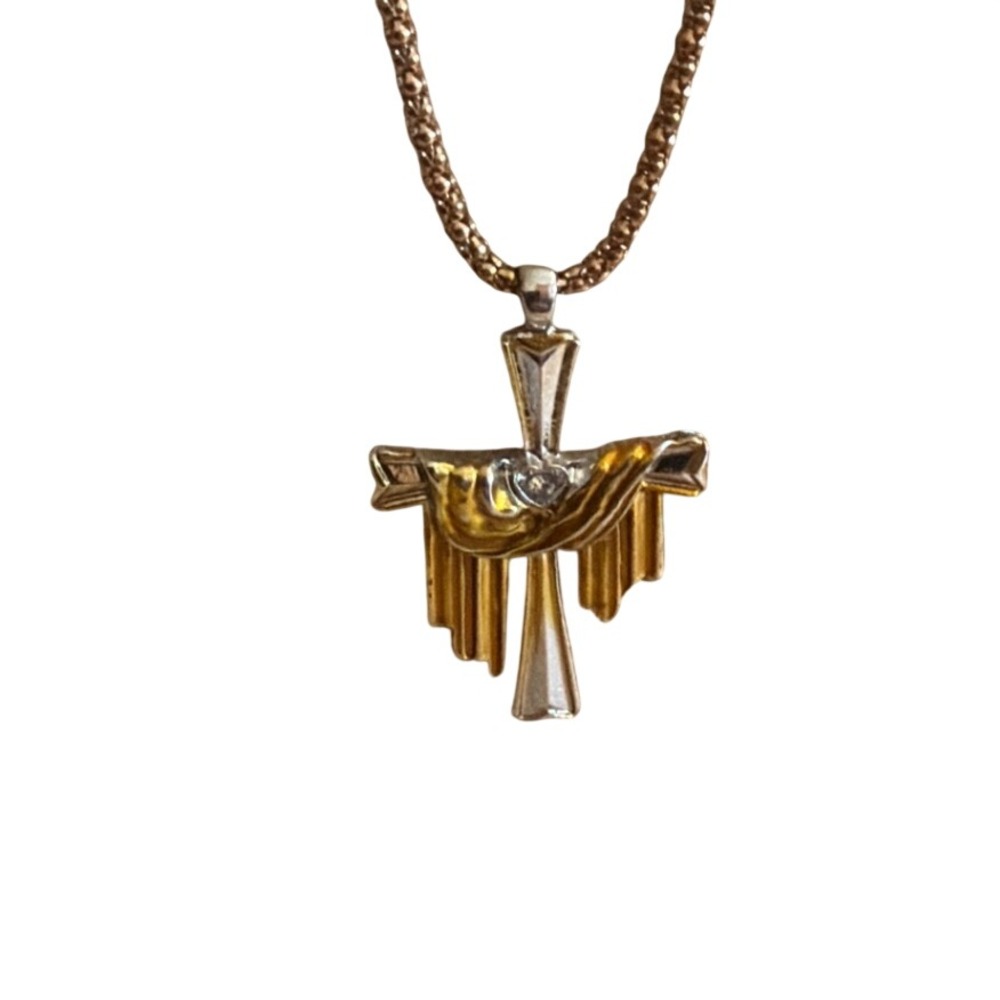 Two Tone Shroud Cross Heart Crystal Pendant Mixed Metal Gift Christian Layering